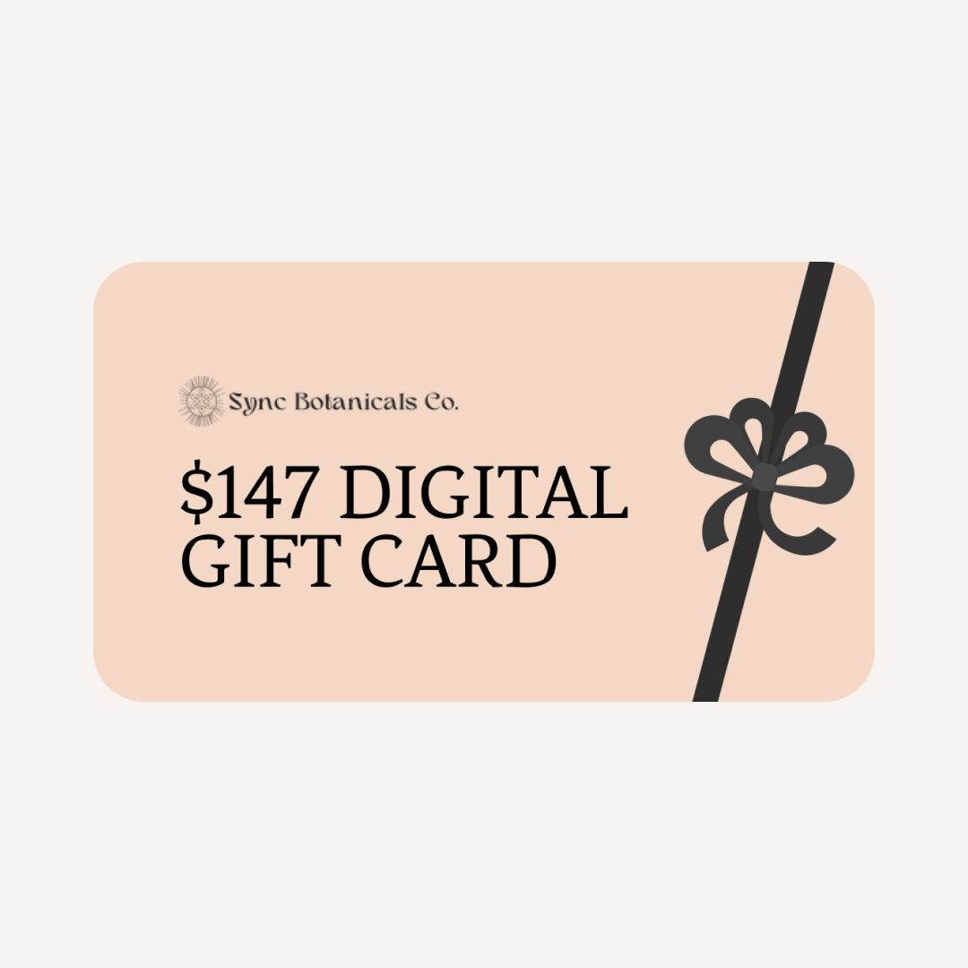 Sync Botanicals $147 digital gift card for a three month supply, in blush pink with a dark ribbon and bow.