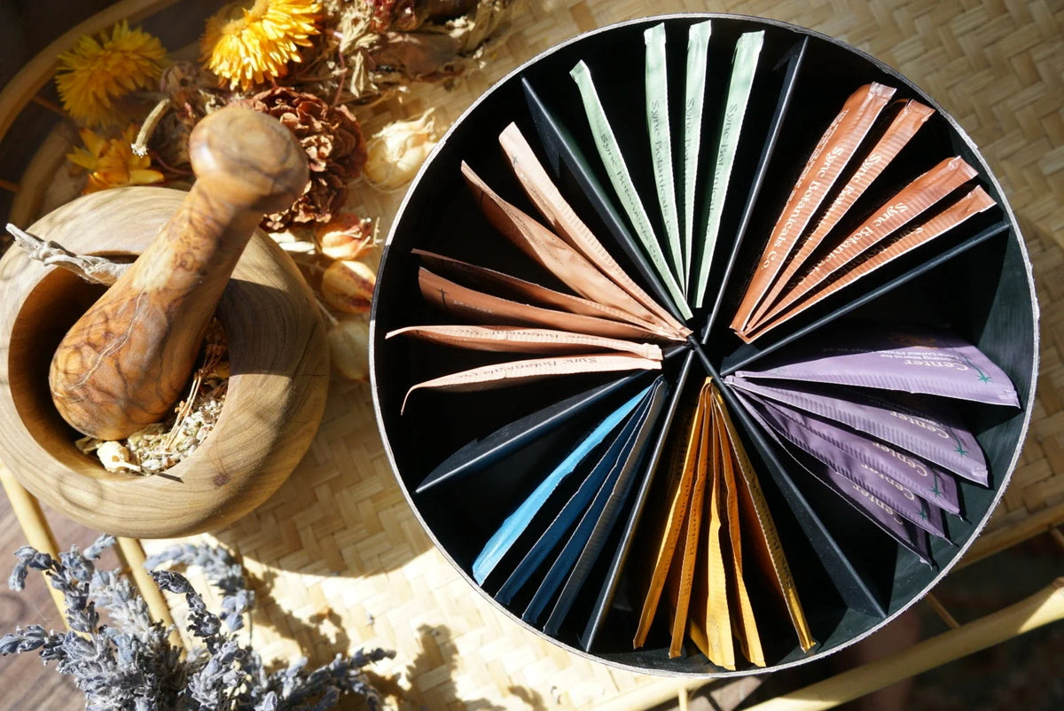 Sync Botanicals Daily Cycle Syncing Ritual box containing six organic herbal tea blends, each formulated for a different phase of the menstrual cycle